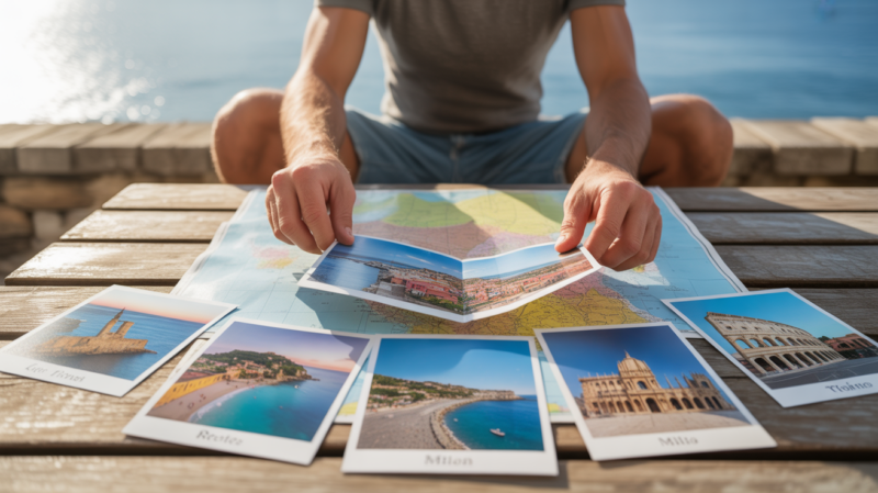 Voyageur comparant des photos réelles de Rhodes, Crète, Milan et Rome sur une table en bois face à un paysage méditerranéen.