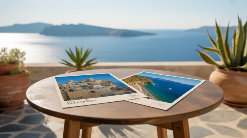 Scène réaliste sur une terrasse ensoleillée face à la mer Égée avec deux cartes postales de Rhodes et de Crète posées sur une table en bois.