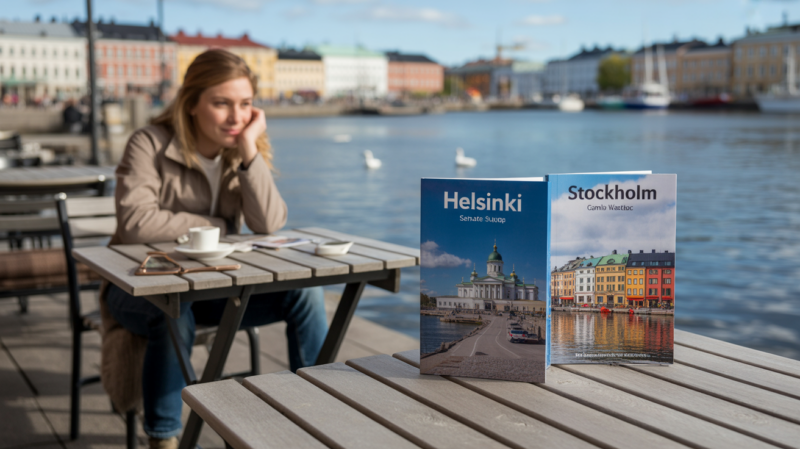 Voyageur assis à une terrasse en bord de mer consultant deux brochures présentant Helsinki et Stockholm, dans une scène nordique réaliste et naturelle.
