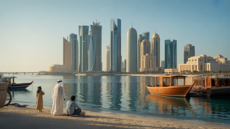 Vue réaliste de Doha au Qatar au coucher du soleil, montrant ses bâtiments emblématiques et des bateaux traditionnels près de la Corniche.