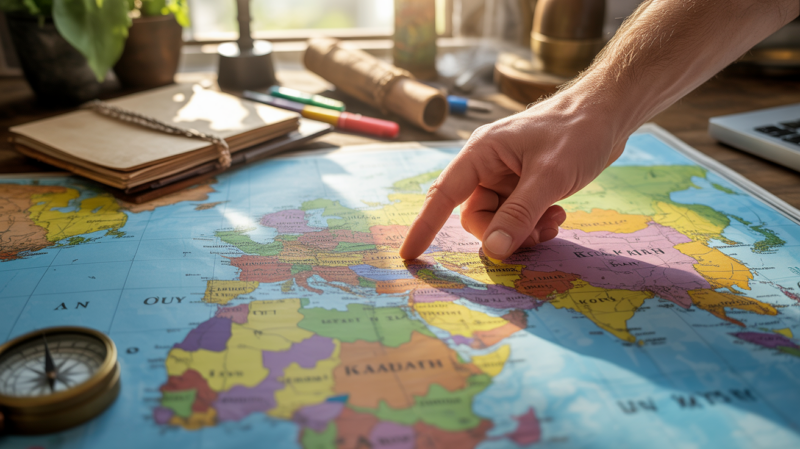 Scène réaliste d’un bureau de voyage avec une carte du monde montrant des pays et villes commençant par K, accessoires de voyage et main humaine pointant une destination.