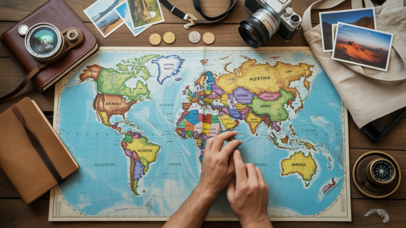 Scène de bureau de voyage réaliste avec carte du monde et objets d’exploration mettant en valeur des pays commençant par A.