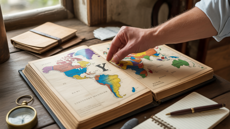 Scène réaliste d’un voyageur consultant un vieil atlas ouvert sur une table en bois, avec une main suivant la lettre Y et des outils authentiques d’exploration autour.