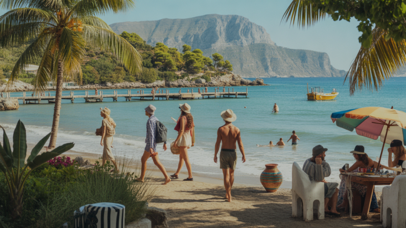 Scène estivale réaliste mêlant plusieurs destinations de voyage, avec plage méditerranéenne, végétation tropicale, montagnes et voyageurs naturels.