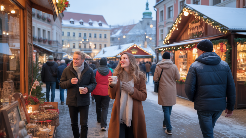Scène réaliste d’un marché de Noël européen animé au crépuscule, avec des bâtiments authentiques, des lumières festives et des visiteurs profitant de l’ambiance hivernale.