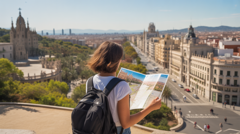 Voyageur observant un panorama réaliste mêlant Barcelone et Madrid, avec monuments emblématiques et ambiance méditerranéenne authentique.