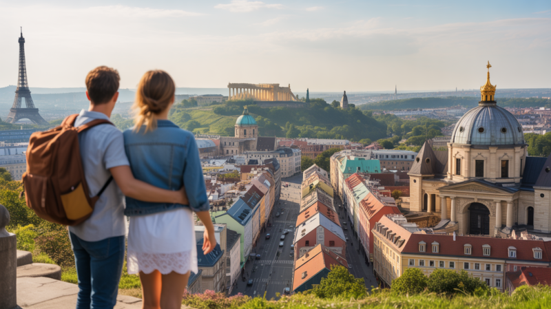 Scène réaliste au lever du soleil montrant deux voyageurs admirant un panorama regroupant des monuments emblématiques de capitales européennes, avec des couleurs naturelles et une ambiance de découverte.