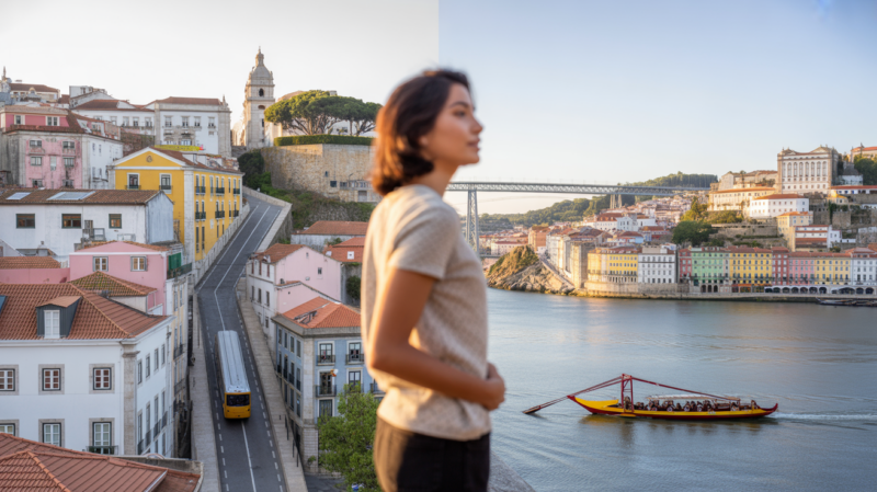 Voyageur observant un panorama réaliste combinant Lisbonne et Porto avec leurs quartiers emblématiques dans une lumière naturelle.