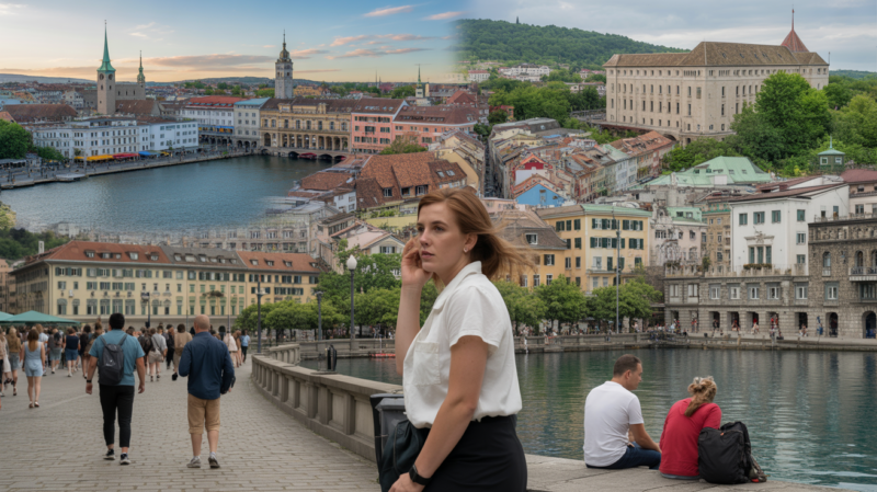 Panorama réaliste combinant Zurich, Zagreb et Zanzibar City dans une scène naturelle et vivante avec architectures authentiques et ambiance urbaine authentique.