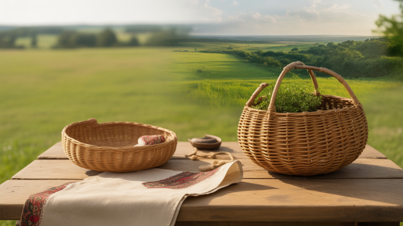 Image réaliste montrant une table en bois avec des objets traditionnels ukrainiens et ougandais devant un paysage naturel mêlant champs d’Europe de l’Est et végétation d’Afrique de l’Est.