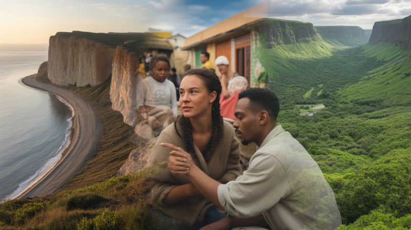 Scène réaliste réunissant paysages et scènes de vie du Danemark, de Djibouti et de la République dominicaine dans un panorama naturel.
