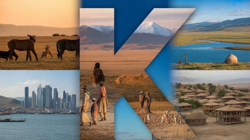 Paysages réalistes mêlant savane kenyane, steppes kazakhes, lacs kirghizes, skyline de Koweït, et villages de Corée et du Kosovo dans une scène naturelle harmonieuse.