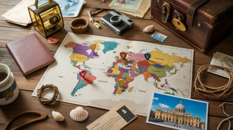 Scène de bureau de voyage réaliste avec carte du monde et objets symbolisant le Vietnam, le Venezuela, le Vanuatu et le Vatican.