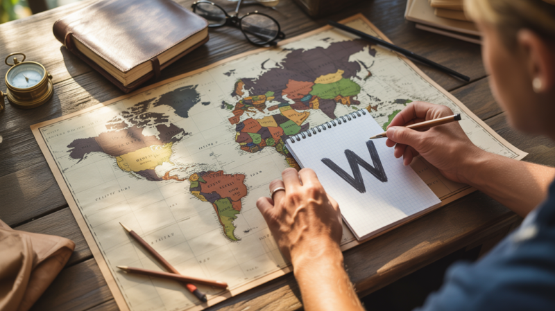 Scène réaliste d’un bureau de voyage avec une carte du monde et des objets d’exploration.