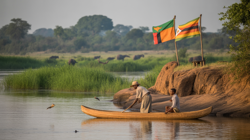 Paysage réaliste au lever du soleil sur le fleuve Zambèze avec un pêcheur local, des drapeaux de la Zambie et du Zimbabwe et une nature africaine authentique.