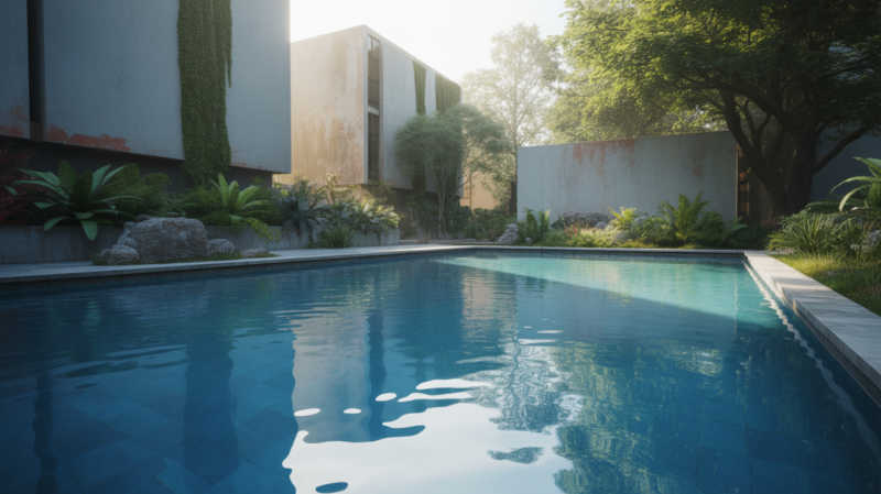 Piscine calme au lever du soleil avec eau immobile et ambiance sereine, évoquant la tranquillité et l’introspection d’un rêve.