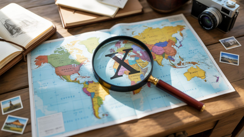 Scène réaliste d’un bureau de voyage avec une carte du monde et une loupe cherchant la lettre X.
