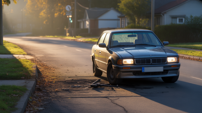 Scène réaliste au lever du soleil montrant une voiture légèrement accidentée sur une route déserte de banlieue, créant une ambiance contemplative et symbolique.