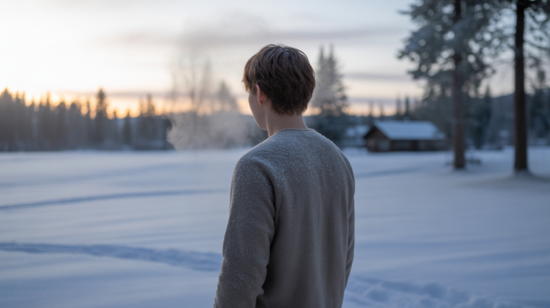 Scène hivernale réaliste montrant une personne de dos dans un paysage enneigé calme au lever du jour, avec des détails naturels et une ambiance sereine.