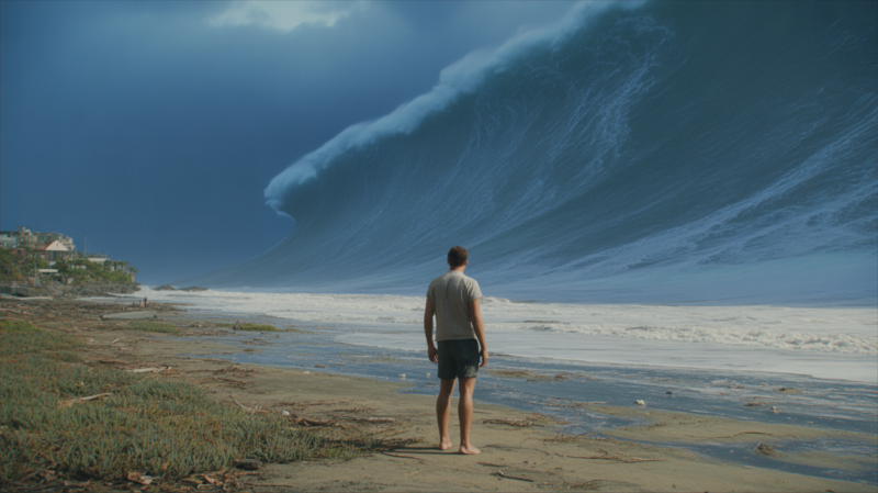 Scène réaliste d’une personne observant une gigantesque vague de tsunami approchant d’un littoral naturel.