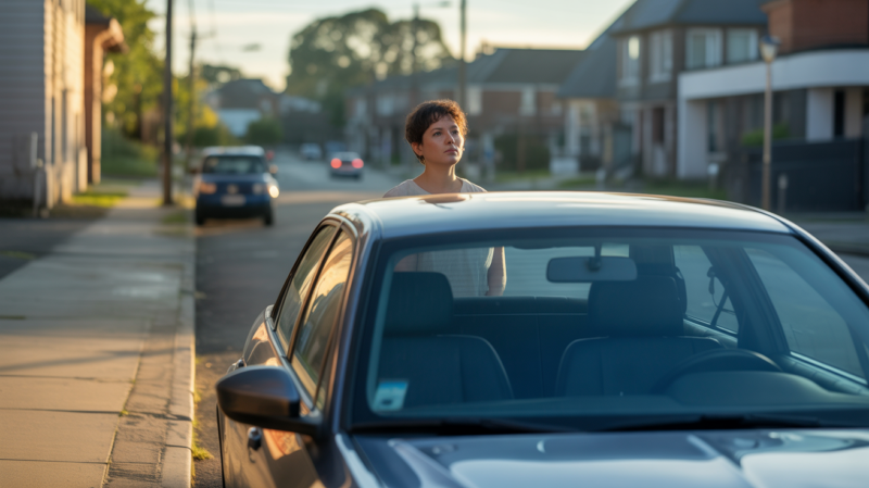 Scène réaliste à l’aube montrant une personne contemplant une voiture dans une rue de quartier, évoquant la réflexion et l’interprétation d’un rêve.