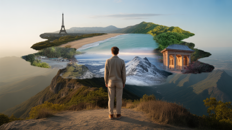 Scène réaliste d’une personne observant un paysage mêlant subtilement plusieurs destinations réelles, symbolisant le rêve de voyager.