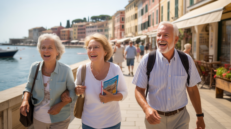 Seniors se promenant au bord de la mer dans une ville côtière méditerranéenne ensoleillée, ambiance vacances authentique et chaleureuse.