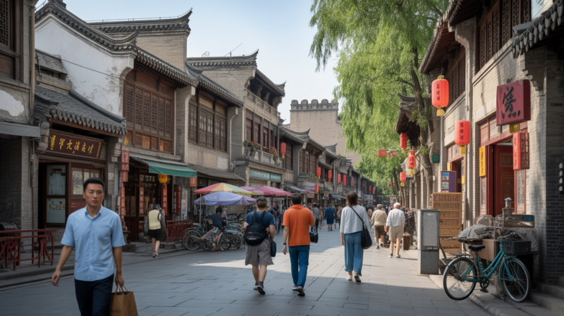Scène de rue réaliste à Xi’an montrant une architecture traditionnelle chinoise, des passants et des détails urbains authentiques.
