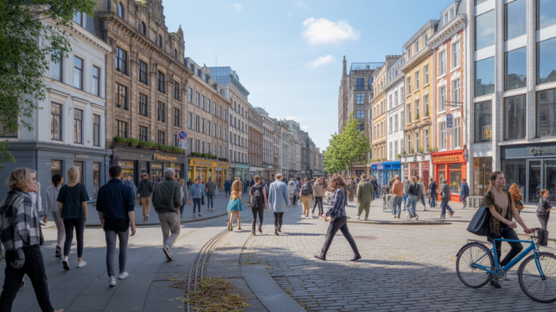 Panorama réaliste mêlant des éléments authentiques de plusieurs villes européennes commençant par E, avec bâtiments réels, rues vivantes et détails urbains naturels.