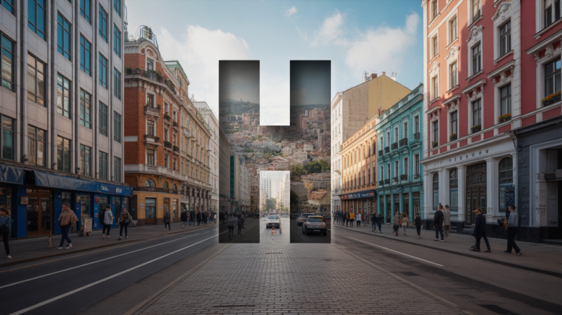 Montage réaliste et naturel de différentes villes mondiales commençant par H, montrant des scènes urbaines authentiques et vibrantes.