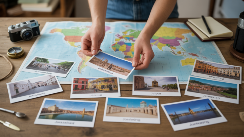 Scène réaliste d’un bureau de voyage avec une carte du monde et des photos imprimées de villes réelles commençant par J.