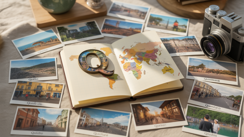 Scène réaliste montrant un journal de voyage ouvert avec des photos authentiques de villes commençant par Q, comme Quito, Québec ou Qingdao, disposées sur une table en lumière naturelle.