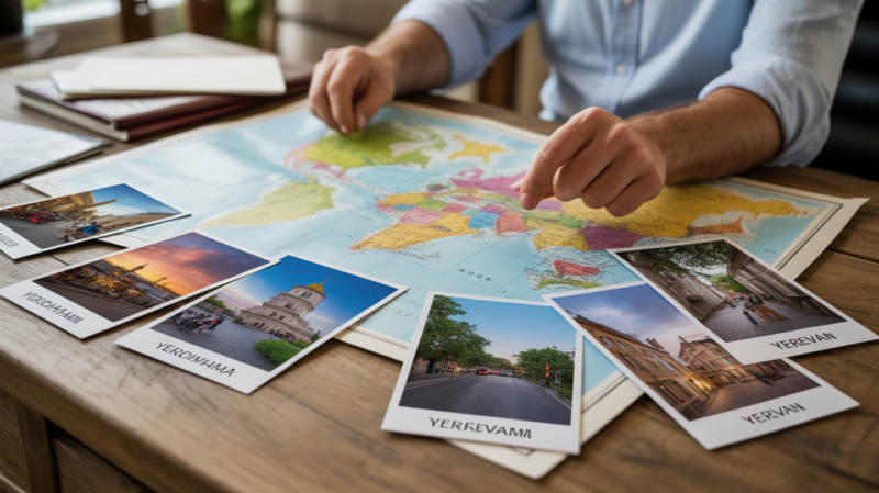Scène réaliste d’un bureau de voyage avec une carte du monde et des cartes postales de villes commençant par Y, comme Yokohama, Yerevan et York.