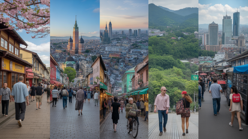 Composition réaliste montrant différentes villes du monde commençant par K, dont Kyoto, Cracovie, Kuala Lumpur et Kigali, avec des scènes urbaines naturelles, des habitants authentiques et des couleurs vives.