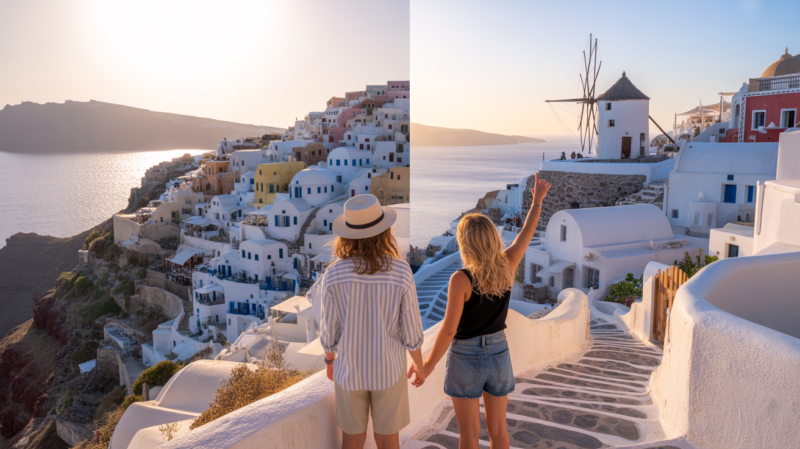 Paysage réaliste montrant un panorama partagé entre Santorin et Mykonos avec deux voyageurs observant les deux îles.