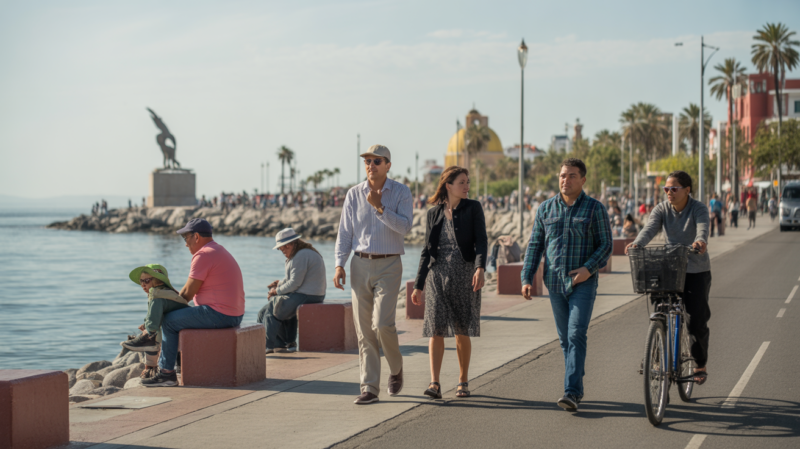 Scène réaliste du Malecón de La Paz avec touristes et locaux marchant au bord de la mer dans une ambiance authentique et naturelle.