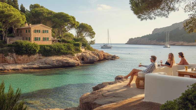 Scène côtière réaliste mêlant une crique naturelle de Majorque et une ambiance décontractée d’Ibiza au coucher du soleil.