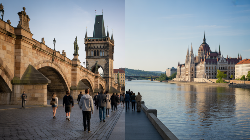 Scène réaliste comparant Prague et Budapest au bord de leurs fleuves