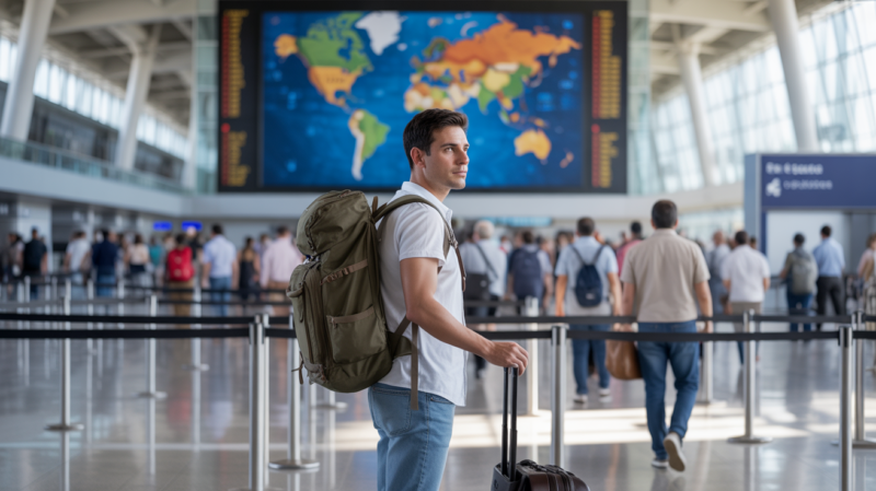 Voyageur observant une carte mondiale des niveaux de sécurité dans un aéroport réel et lumineux, avec une ambiance naturelle et authentique.