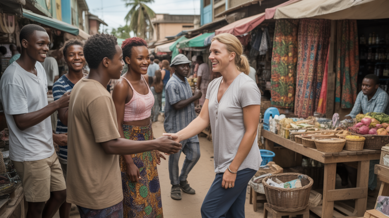 Voyageur européen discutant avec des vendeurs togolais dans un marché animé de Lomé, scène réaliste et authentique.