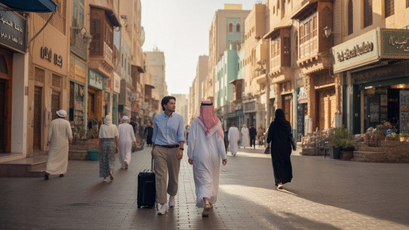 Scène réaliste dans le quartier historique d'Al-Balad à Djeddah, montrant des voyageurs marchant dans une rue animée au coucher du soleil, avec une architecture traditionnelle et une ambiance authentique et paisible.